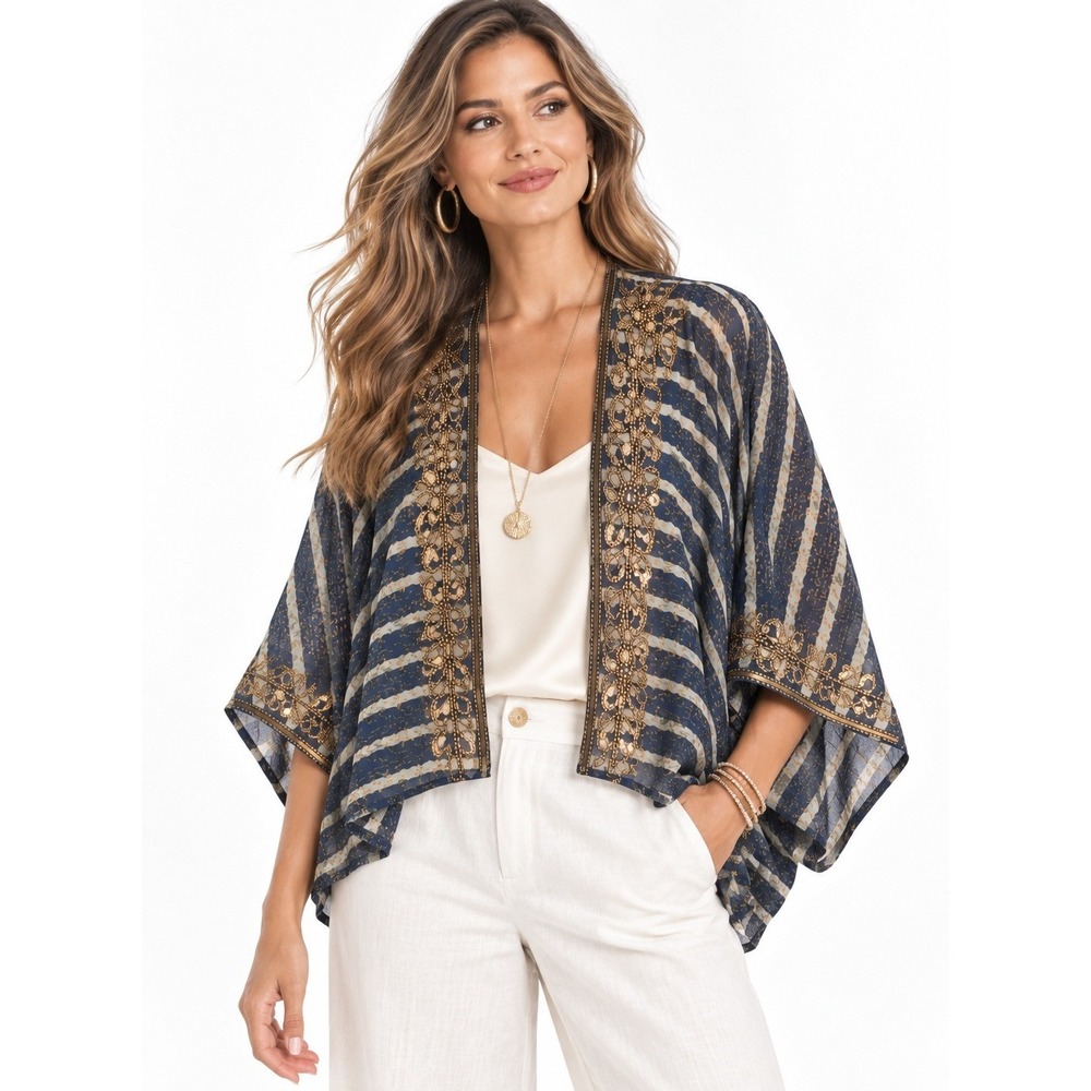 Soft Surroundings Midas Topper Navy Gold Embroidered Sequin Kimono Wrap SM